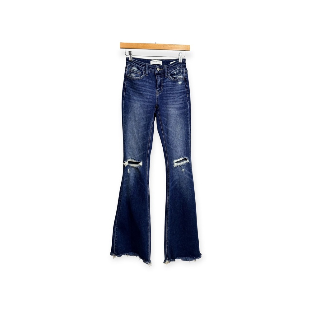 Flying Monkey Womens Mid Rise Flare Distressed Jeans Dark Wash Size 23 BY4668X
